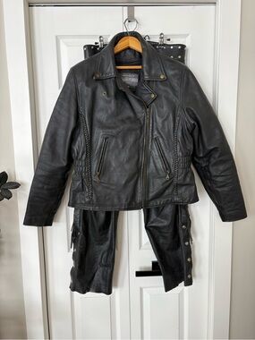 Black Leather Motorcycle Jacket with chaps